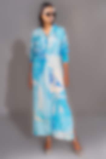 Cerulean-Blue Natural Yarn Satin Marble Printed Maxi Shirt Dress by Shruti S