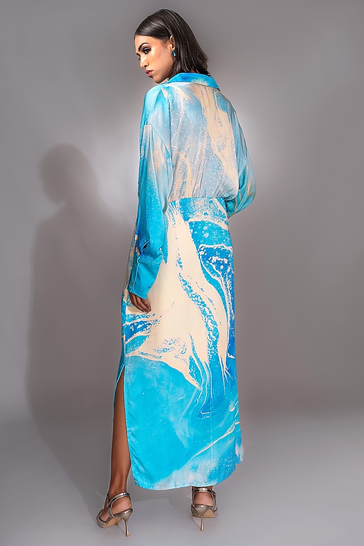 Cerulean-Blue Natural Yarn Satin Marble Printed Maxi Vacation Shirt Dress by Shruti S at Pernia's Pop Up Shop