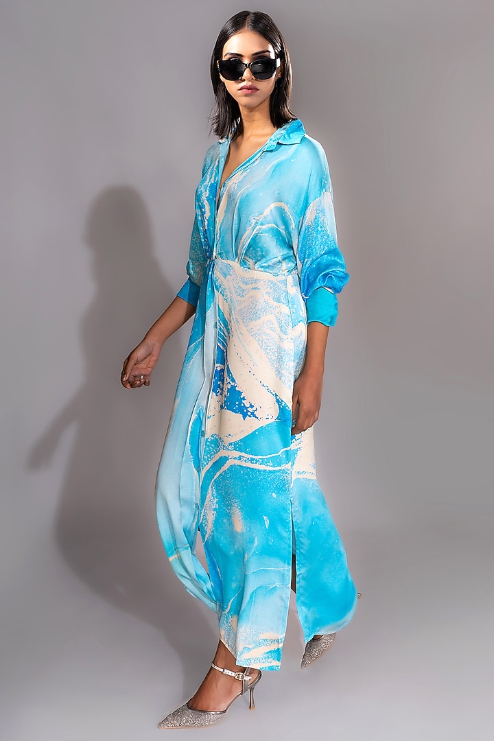 Cerulean-Blue Natural Yarn Satin Marble Printed Maxi Vacation Shirt Dress by Shruti S at Pernia's Pop Up Shop