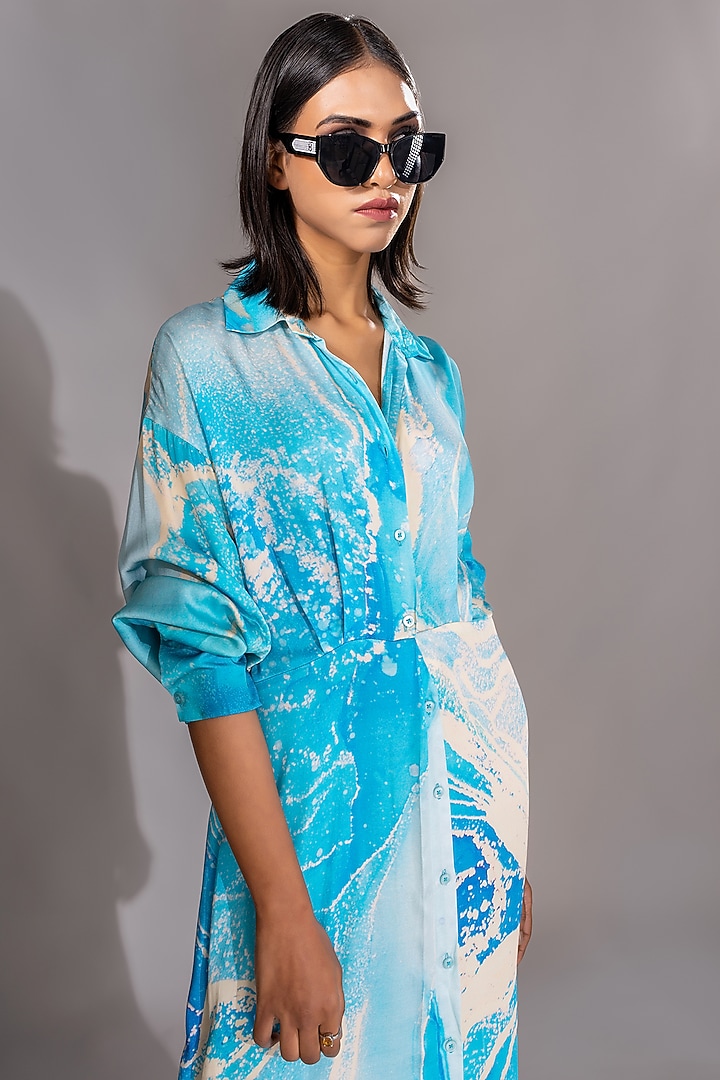 Cerulean-Blue Natural Yarn Satin Marble Printed Maxi Vacation Shirt Dress by Shruti S at Pernia's Pop Up Shop