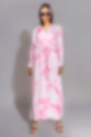 Pink Natural Yarn Satin Marble Printed Maxi Shirt Dress With Belt by Shruti S at Pernia's Pop Up Shop