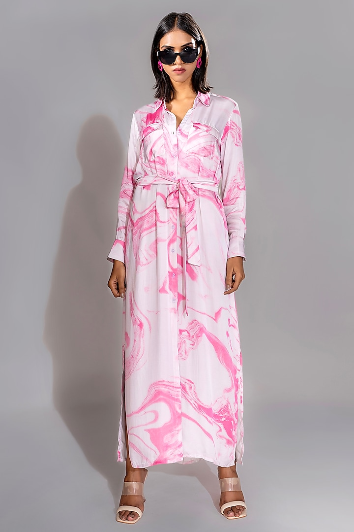 Pink Natural Yarn Satin Marble Printed Maxi Shirt Dress With Belt by Shruti S at Pernia's Pop Up Shop