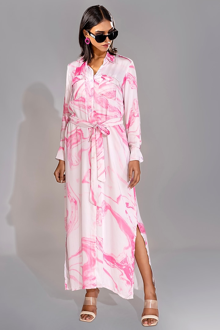 Pink Natural Yarn Satin Marble Printed Maxi Vacation Shirt Dress With Belt by Shruti S at Pernia's Pop Up Shop