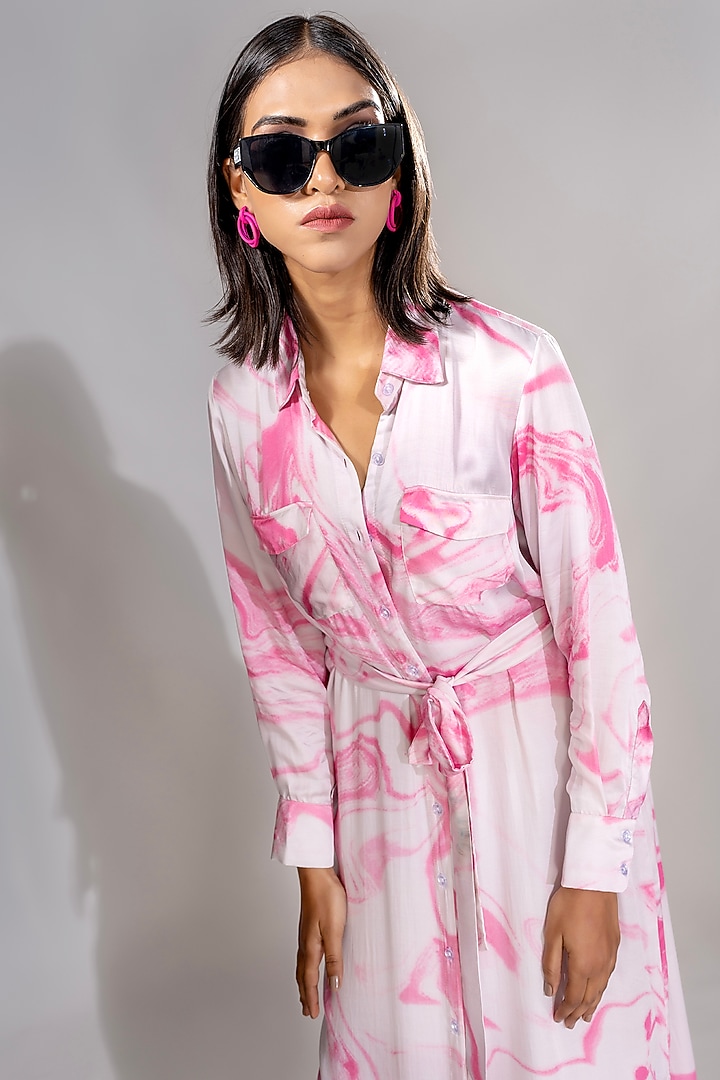 Pink Natural Yarn Satin Marble Printed Maxi Vacation Shirt Dress With Belt by Shruti S at Pernia's Pop Up Shop