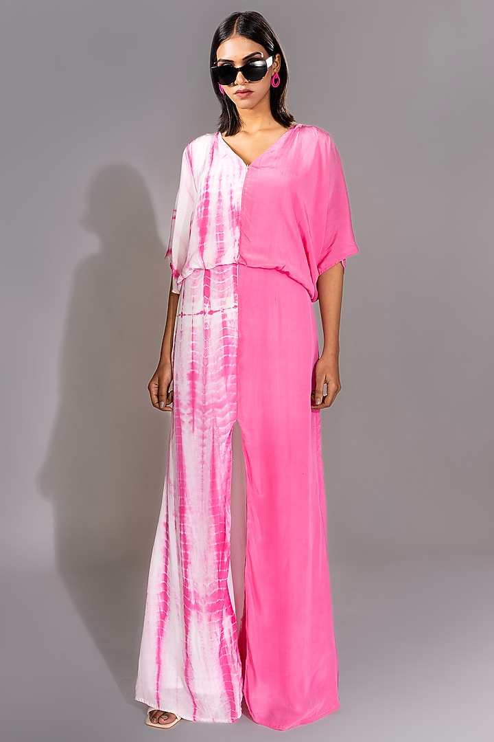 Pink Pure Natural Crepe Tie-Dye Half-n-Half Maxi Vacation Dress by Shruti S at Pernia's Pop Up Shop