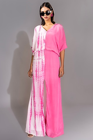 Pink Pure Natural Crepe Tie-Dye Half-n-Half Maxi Dress by Shruti S