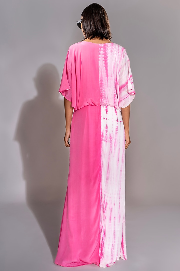 Pink Pure Natural Crepe Tie-Dye Half-n-Half Maxi Vacation Dress by Shruti S at Pernia's Pop Up Shop