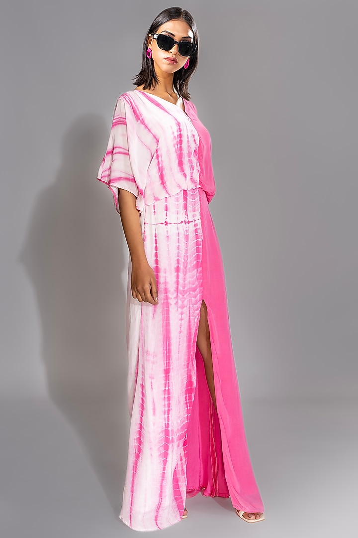Pink Pure Natural Crepe Tie-Dye Half-n-Half Maxi Vacation Dress by Shruti S at Pernia's Pop Up Shop