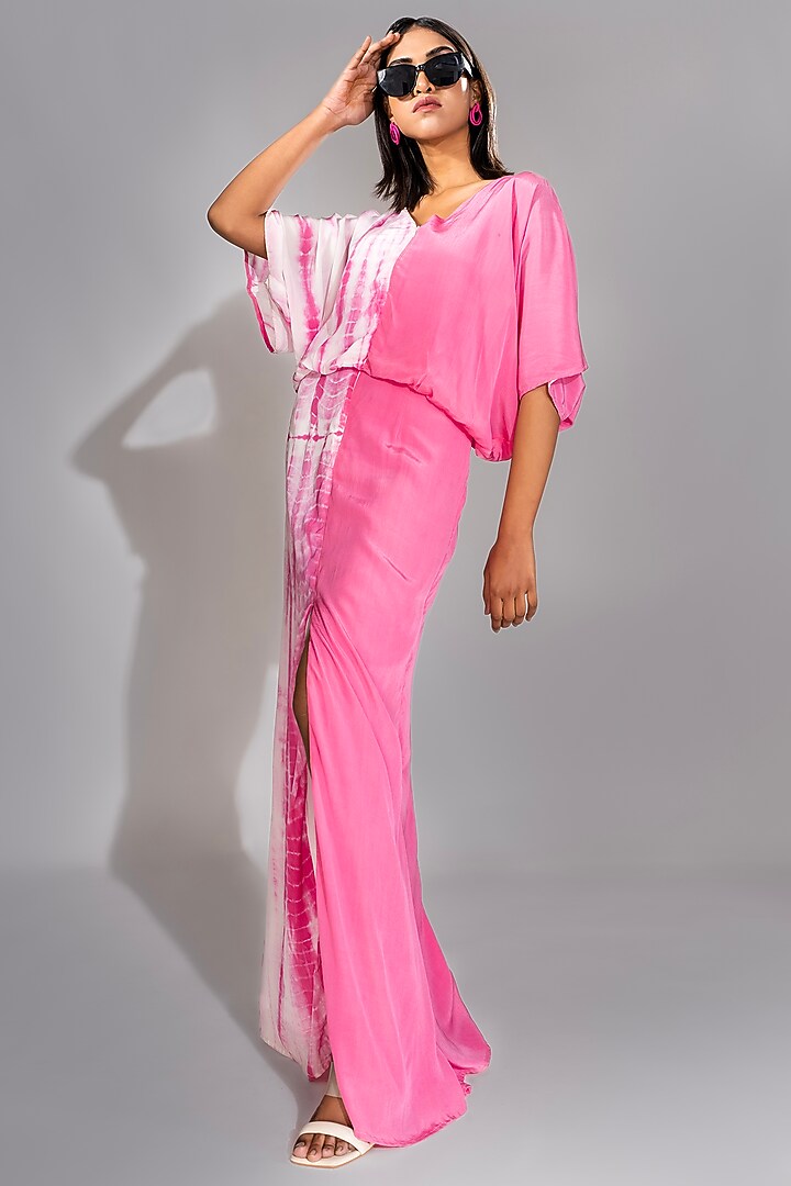 Pink Pure Natural Crepe Tie-Dye Half-n-Half Maxi Vacation Dress by Shruti S at Pernia's Pop Up Shop