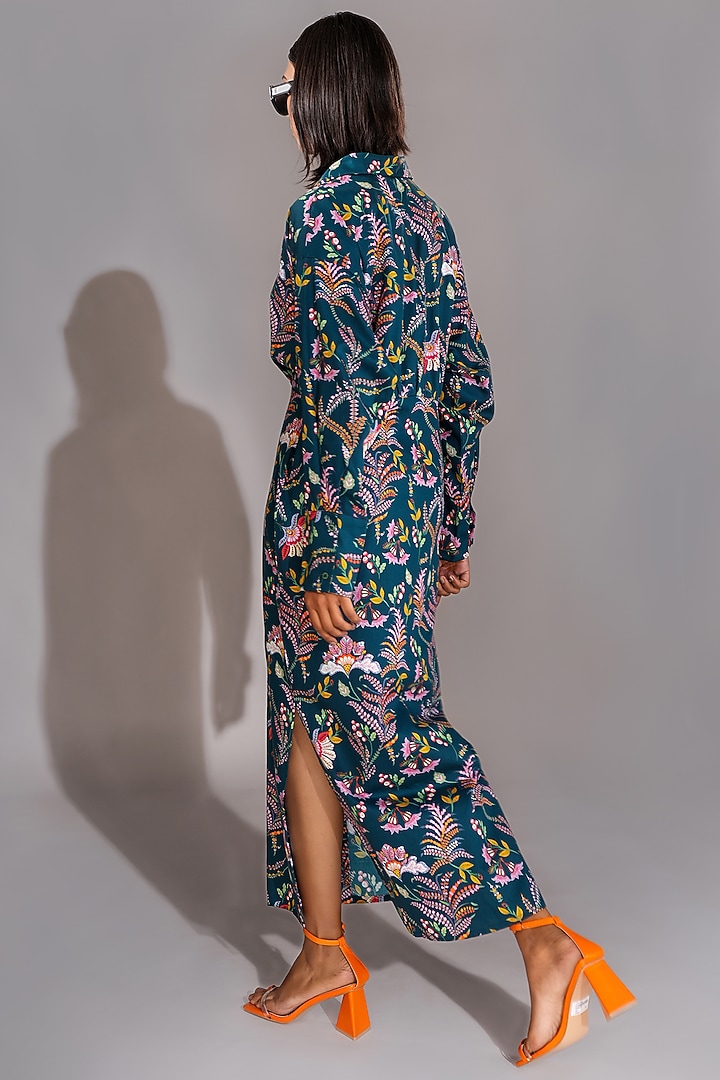 Navy Blue Natural Yarn Cotton Printed Maxi Vacation Shirt Dress by Shruti S at Pernia's Pop Up Shop