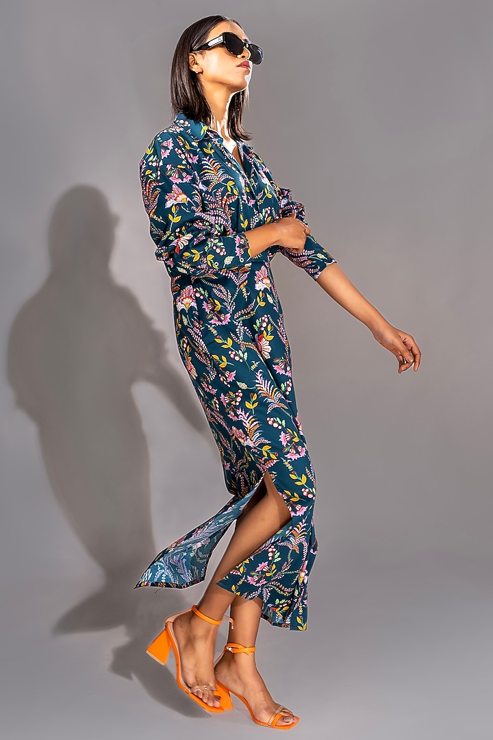 Navy Blue Natural Yarn Cotton Printed Maxi Vacation Shirt Dress by Shruti S at Pernia's Pop Up Shop