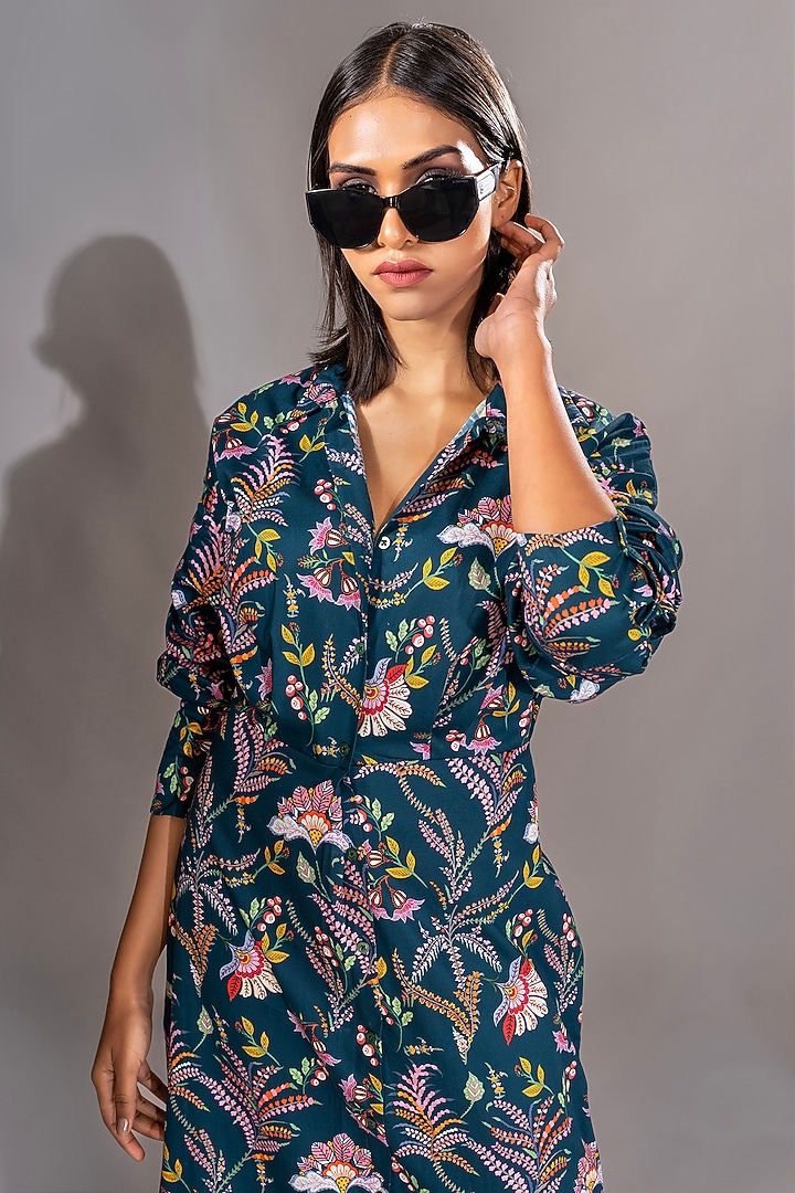 Navy Blue Natural Yarn Cotton Printed Maxi Vacation Shirt Dress by Shruti S at Pernia's Pop Up Shop