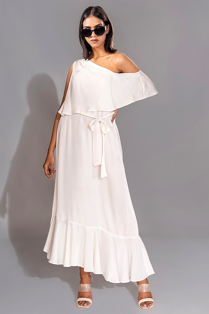 White Natural Modal Satin One-Shoulder Maxi Dress With Belt by Shruti S