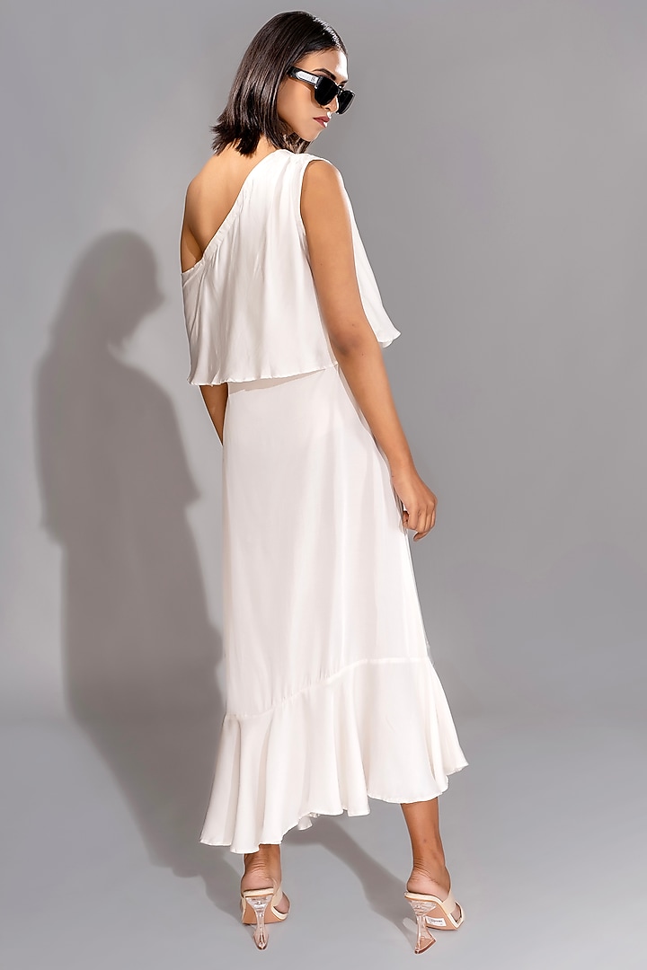 White Natural Modal Satin One-Shoulder Maxi Vacation Dress With Belt by Shruti S at Pernia's Pop Up Shop