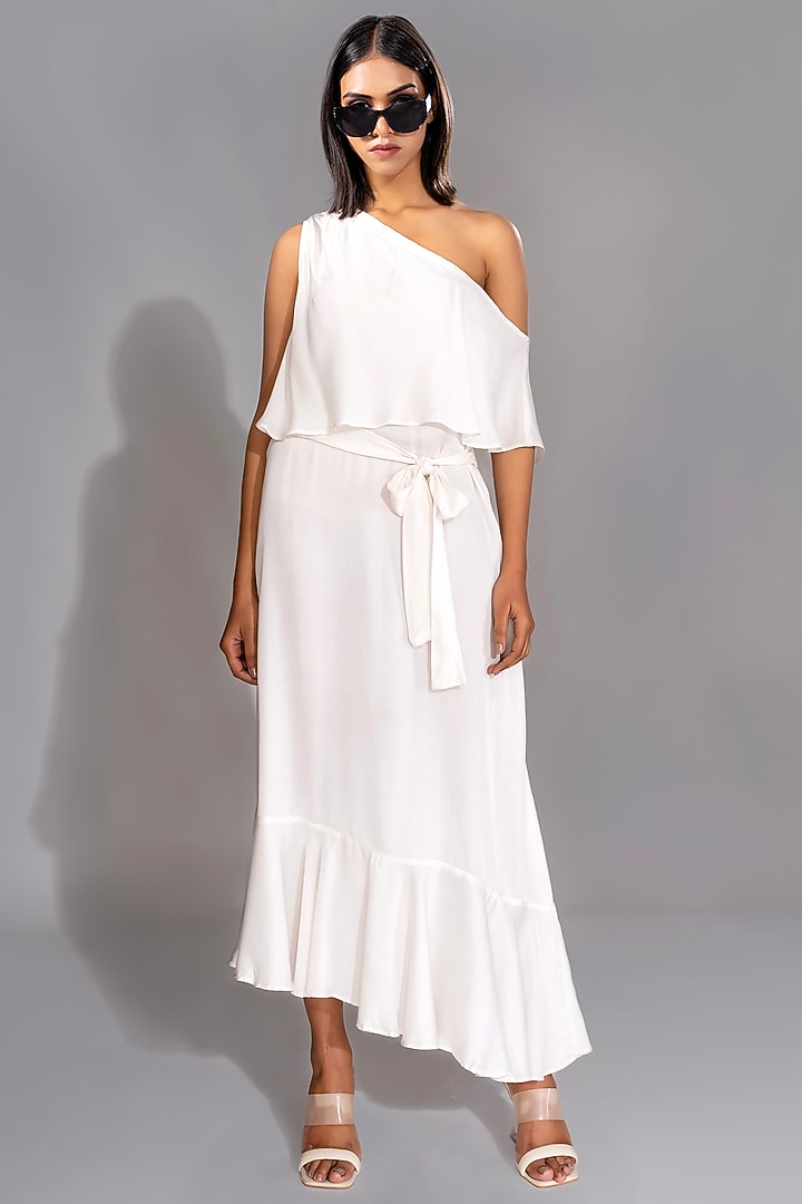 White Natural Modal Satin One-Shoulder Maxi Vacation Dress With Belt by Shruti S at Pernia's Pop Up Shop