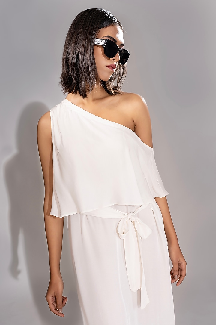 White Natural Modal Satin One-Shoulder Maxi Vacation Dress With Belt by Shruti S at Pernia's Pop Up Shop