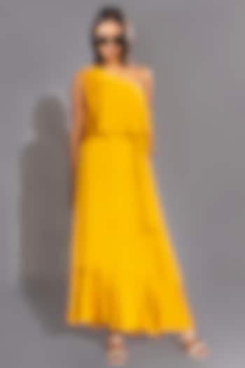Yellow Natural Modal Satin One-Shoulder Maxi Dress With Belt by Shruti S