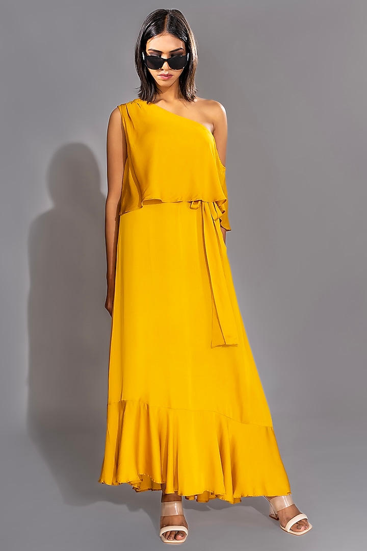 Yellow Natural Modal Satin One-Shoulder Maxi Dress With Belt by Shruti S