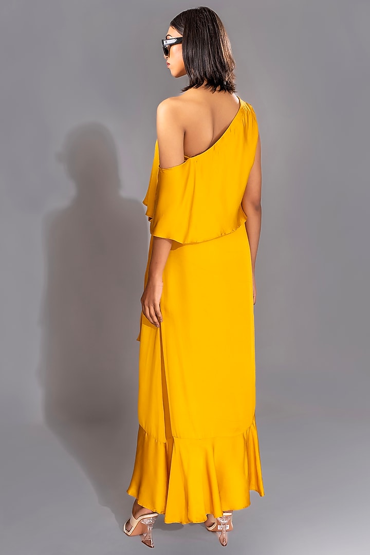 Yellow Natural Modal Satin One-Shoulder Maxi Vacation Dress With Belt by Shruti S at Pernia's Pop Up Shop