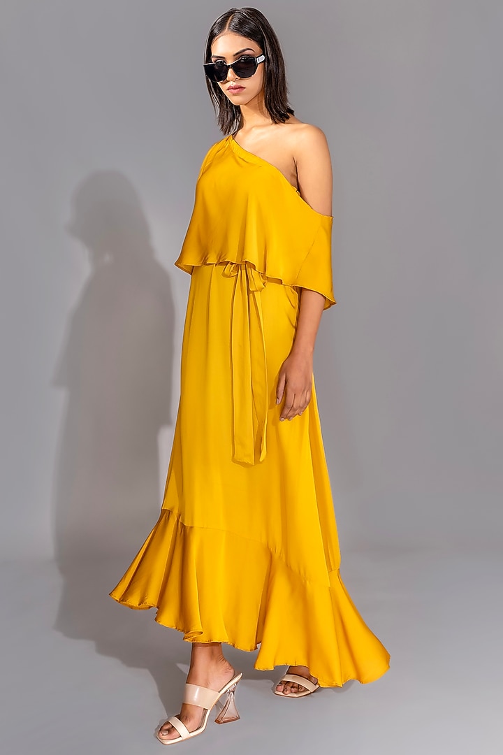 Yellow Natural Modal Satin One-Shoulder Maxi Vacation Dress With Belt by Shruti S at Pernia's Pop Up Shop