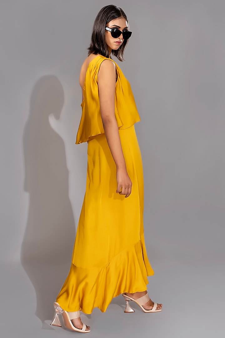 Yellow Natural Modal Satin One-Shoulder Maxi Dress With Belt by