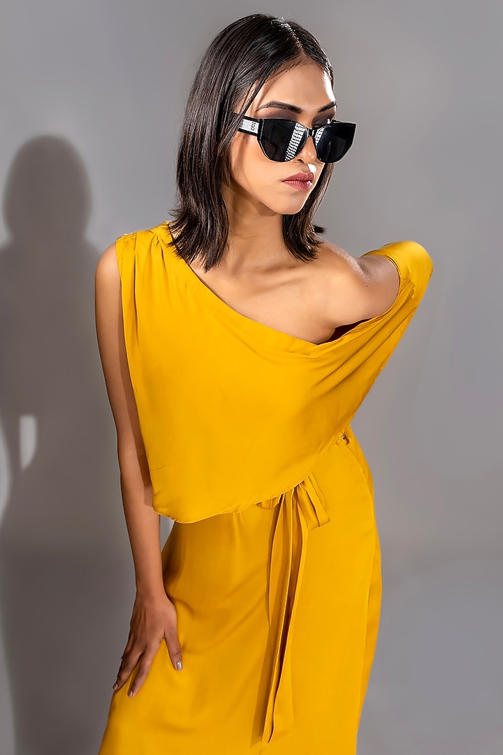 Yellow Natural Modal Satin One-Shoulder Maxi Vacation Dress With Belt by Shruti S at Pernia's Pop Up Shop