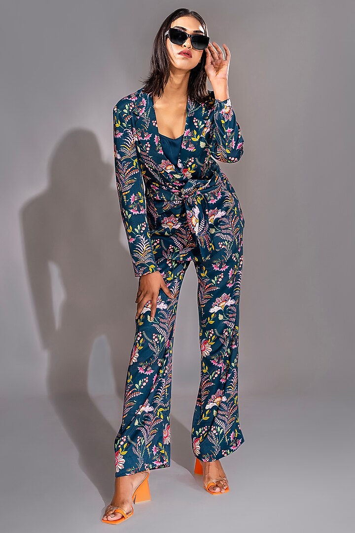 Blue Natural Yarn Satin Printed Co-Ord Set by Shruti S at Pernia's Pop Up Shop