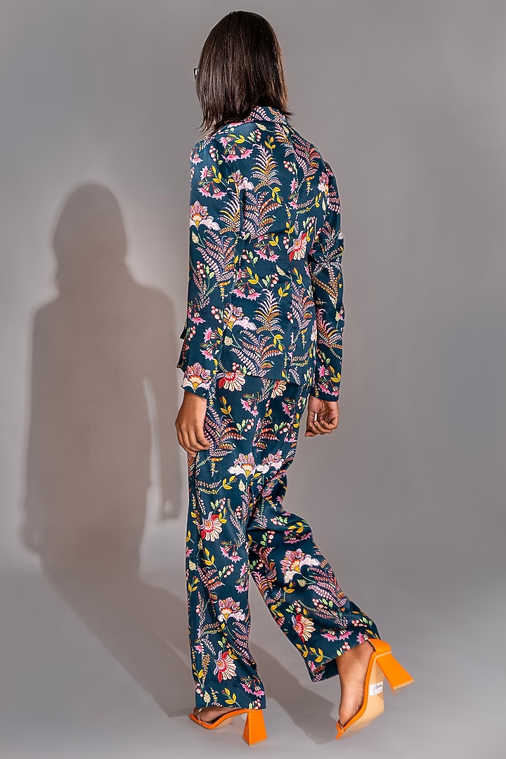 Blue Natural Yarn Satin Printed Co-Ord Set by Shruti S at Pernia's Pop Up Shop