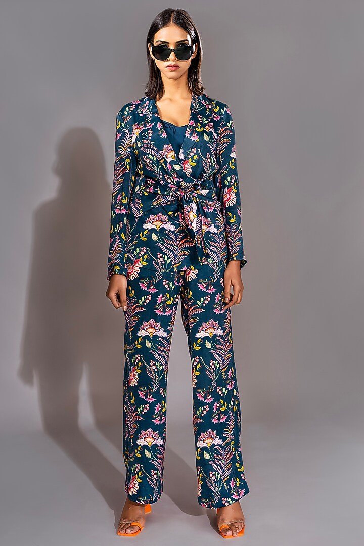 Blue Natural Yarn Satin Printed Co-Ord Set by Shruti S at Pernia's Pop Up Shop