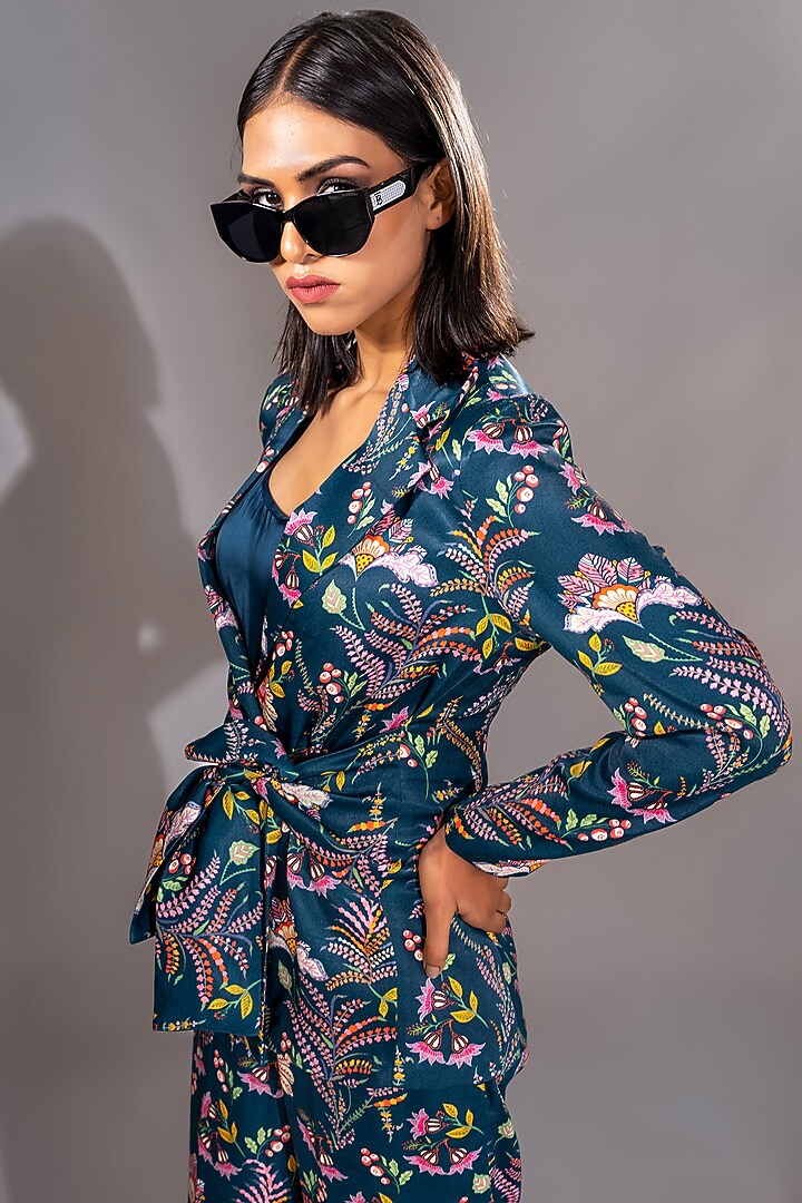 Blue Natural Yarn Satin Printed Co-Ord Set by Shruti S at Pernia's Pop Up Shop