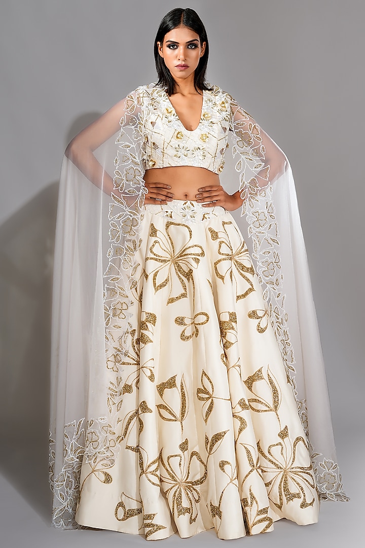 Off-White Silk Golden Sequins Embroidered Lehenga Set by Shruti S