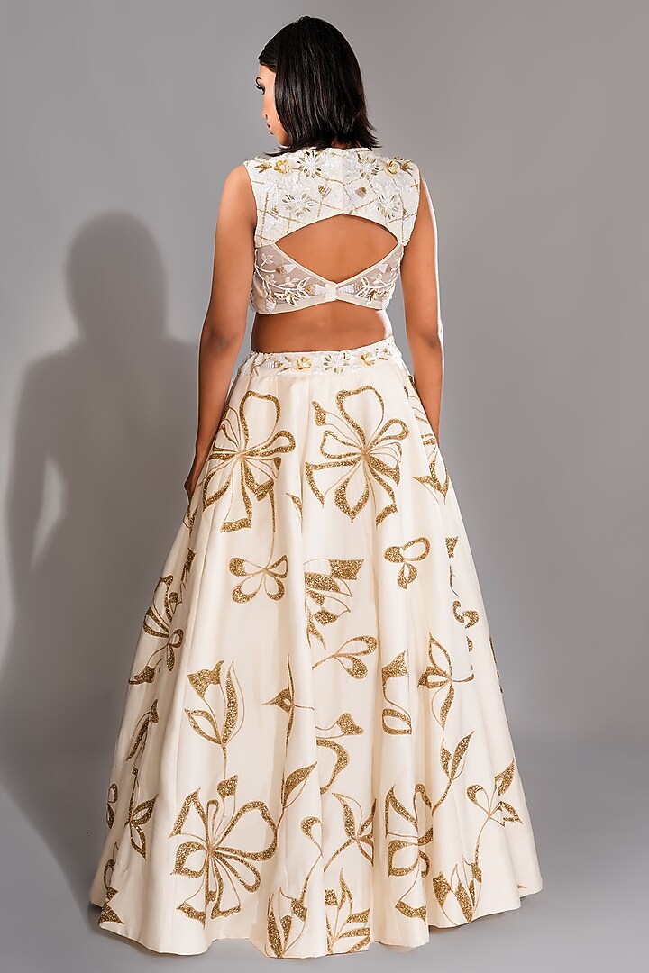 Off-White Silk Golden Sequins Embroidered Wedding Lehenga Set by Shruti S at Pernia's Pop Up Shop