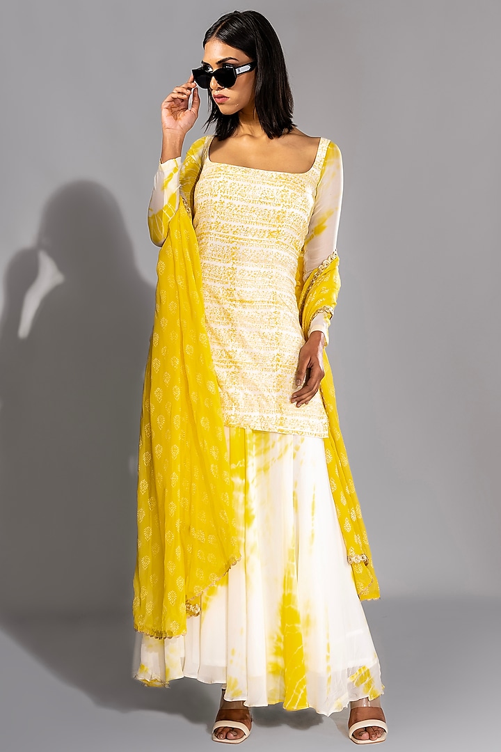 Yellow & White Georgette Tie-Dye Sharara Set by Shruti S