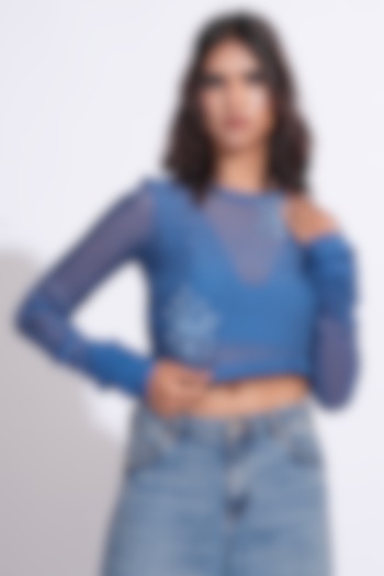 Cobalt Blue Soft Organza Sequin Hand Embroidered Top by Shruti S at Pernia's Pop Up Shop