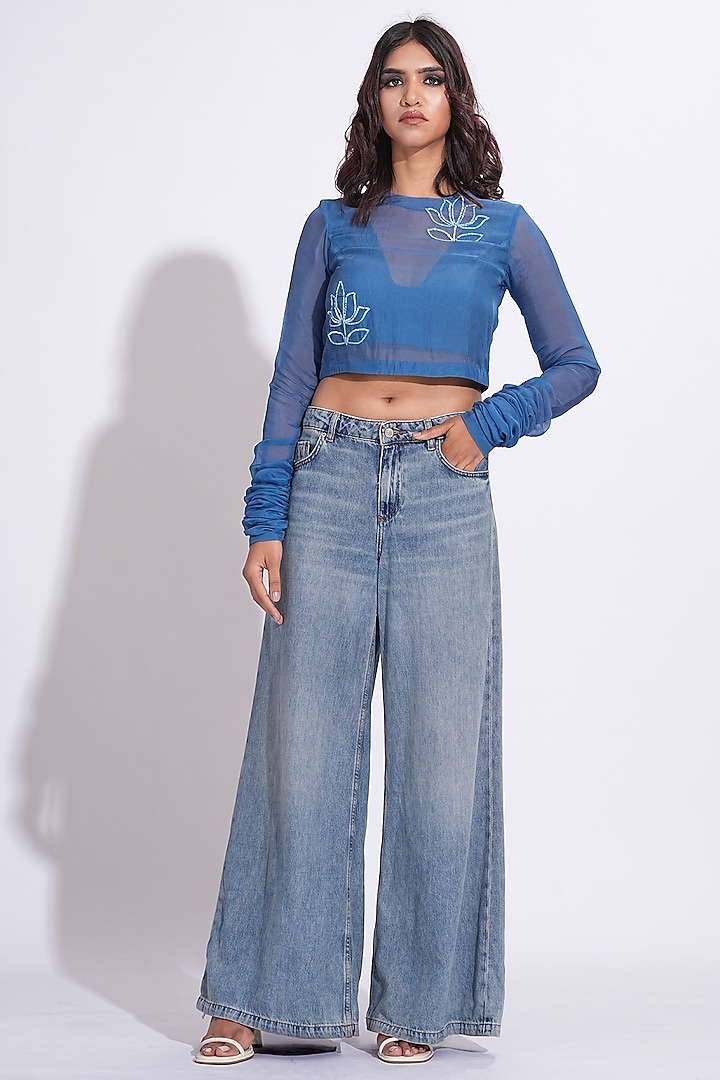 Cobalt Blue Soft Organza Sequin Hand Embroidered Top by Shruti S at Pernia's Pop Up Shop