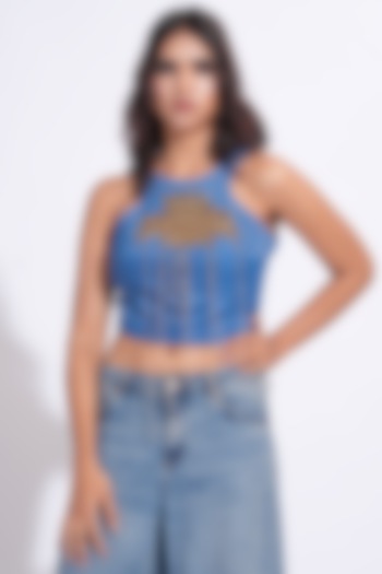 Cobalt Blue Heavy Satin Embroidered Top by Shruti S at Pernia's Pop Up Shop