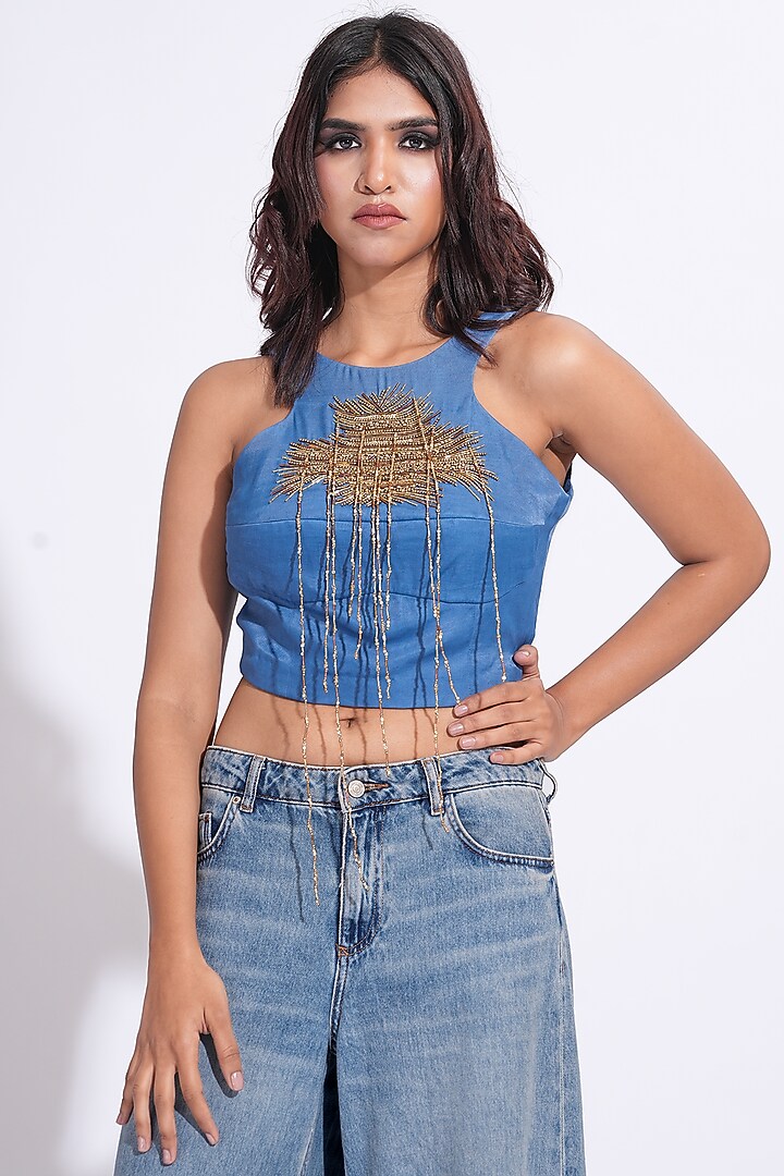 Cobalt Blue Heavy Satin Embroidered Top by Shruti S at Pernia's Pop Up Shop