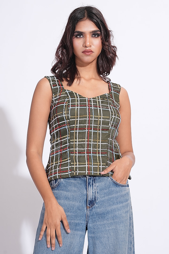 Olive Green Heavy Satin Hand Embroidered Top by Shruti S at Pernia's Pop Up Shop