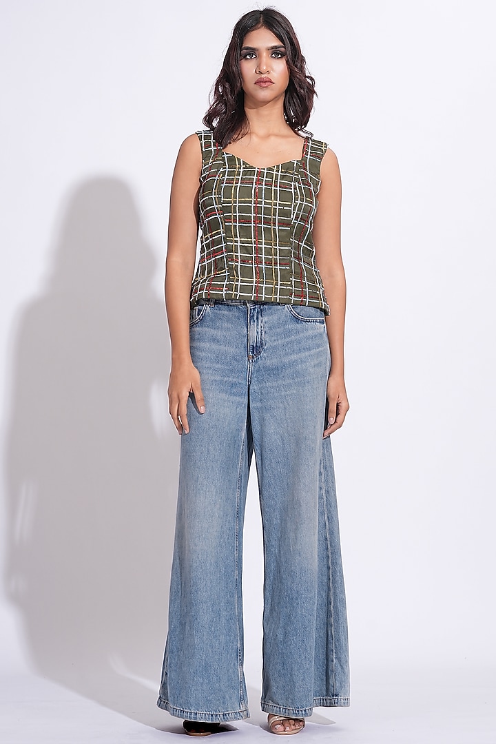 Olive Green Heavy Satin Hand Embroidered Top by Shruti S at Pernia's Pop Up Shop