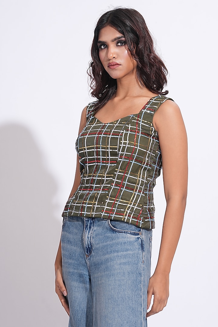 Olive Green Heavy Satin Hand Embroidered Top by Shruti S at Pernia's Pop Up Shop