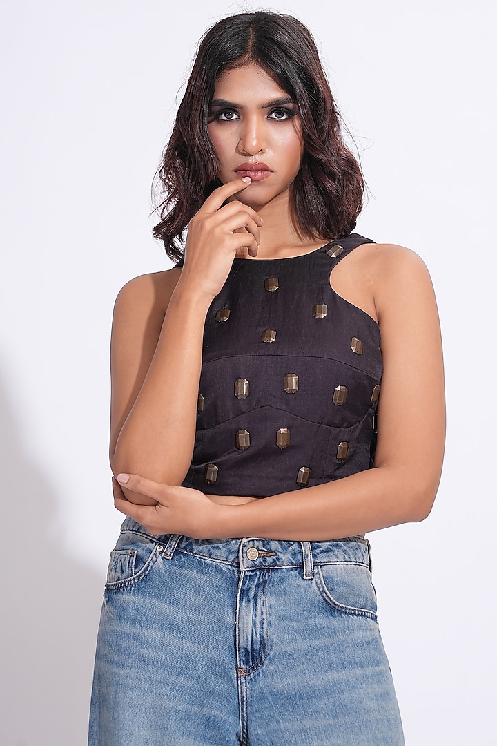 Smoked Purple Heavy Satin Embroidered Top by Shruti S at Pernia's Pop Up Shop