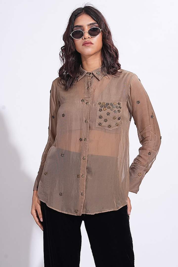 Light Brown Soft Organza Hand Embroidered Shirt by Shruti S at Pernia's Pop Up Shop