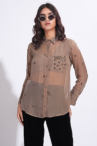 Light Brown Soft Organza Hand Embroidered Shirt by Shruti S