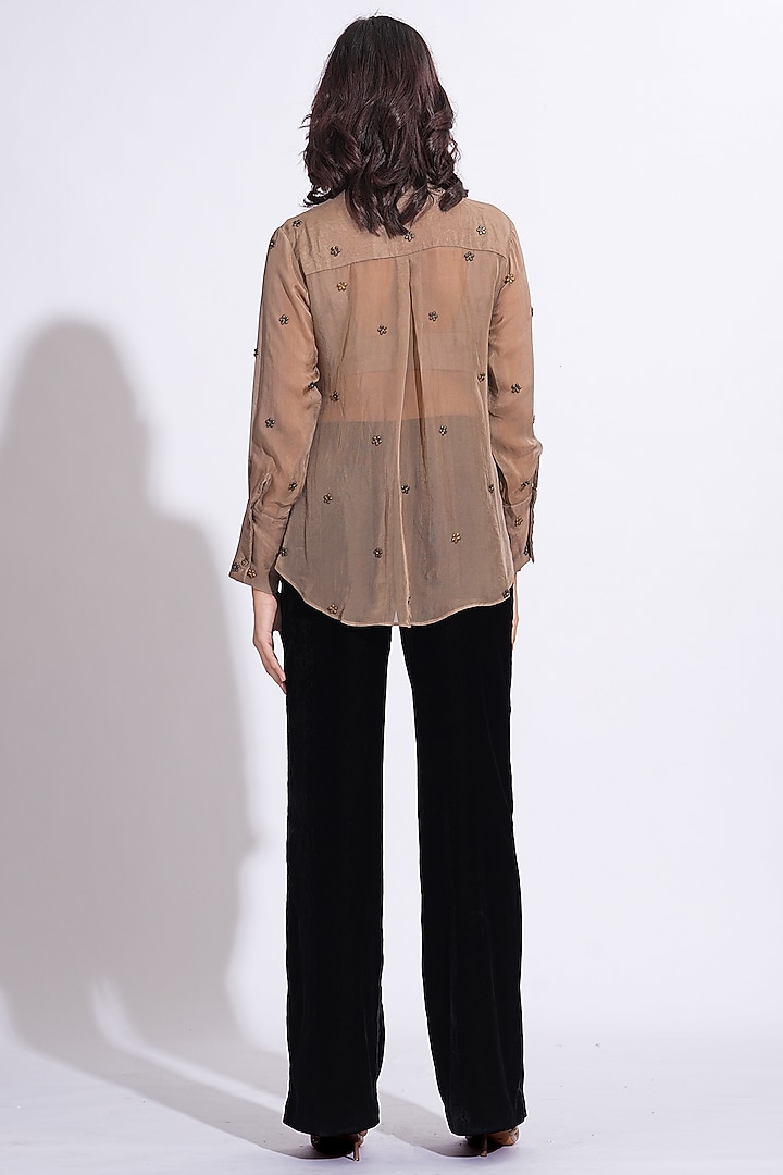 Light Brown Soft Organza Hand Embroidered Shirt by Shruti S at Pernia's Pop Up Shop