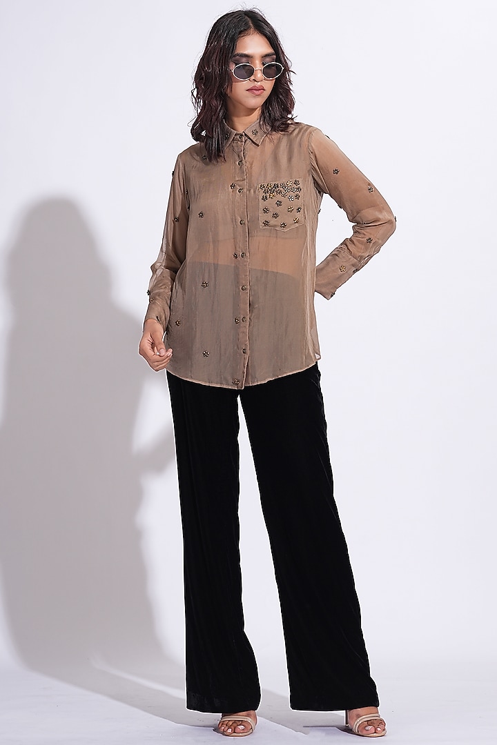 Light Brown Soft Organza Hand Embroidered Shirt by Shruti S at Pernia's Pop Up Shop