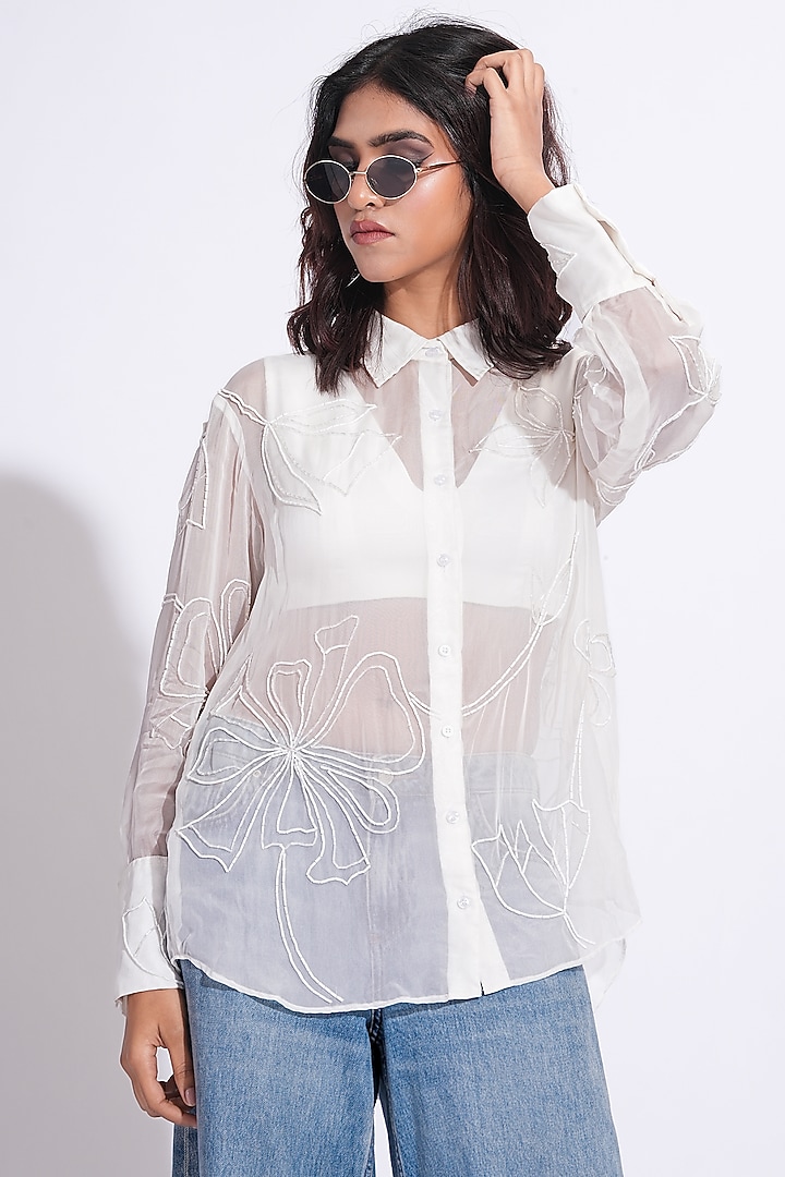 White Soft Organza Hand Embroidered Shirt by Shruti S at Pernia's Pop Up Shop