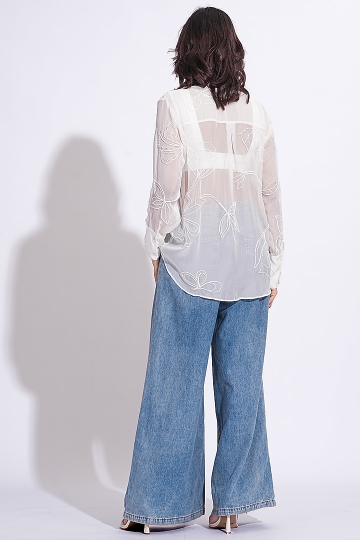 White Soft Organza Hand Embroidered Shirt by Shruti S at Pernia's Pop Up Shop