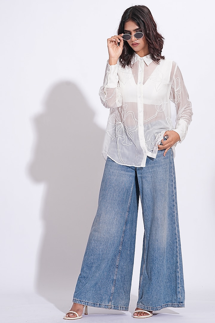 White Soft Organza Hand Embroidered Shirt by Shruti S at Pernia's Pop Up Shop