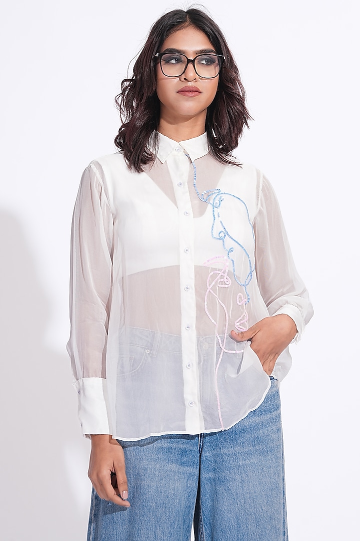 White Soft Organza Hand Embroidered Shirt by Shruti S at Pernia's Pop Up Shop