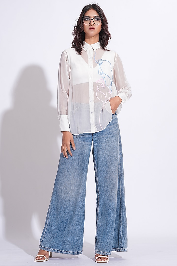 White Soft Organza Hand Embroidered Shirt by Shruti S at Pernia's Pop Up Shop